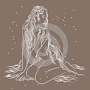 Line art, beautiful girl with long hair. White outline on a dark background. Poster, postcard, wall art.