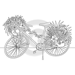 Line art of bicycle decorate with flowers for design element. Vector illustration