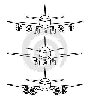 Line art black and white 3 airplane front view set