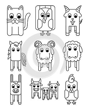 Line art black and white 9 elements farm animals set