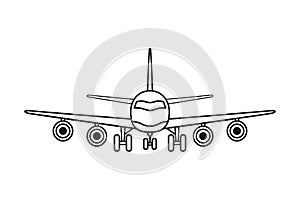 Line art black and white airplane front view