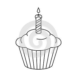 Line art black and white birthday cupcake