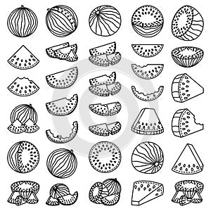 Line art black and white collection of 33 elements Ripe watermelons