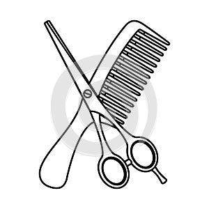 Line art black and white comb and scissors