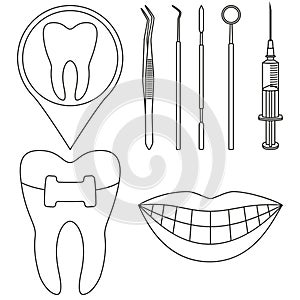 Line art black and white dental check set