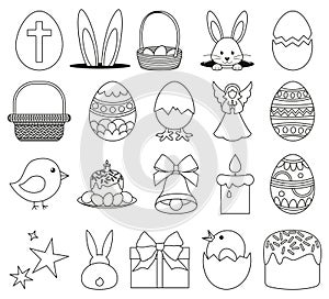 20 line art black and white easter elements set