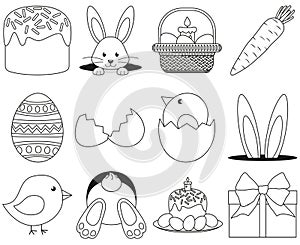 Line art black and white easter icon set 12 elements.