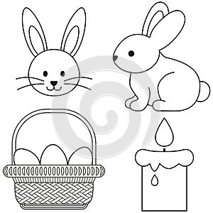Line art black and white easter icon set bunny candle egg basket icon poster.