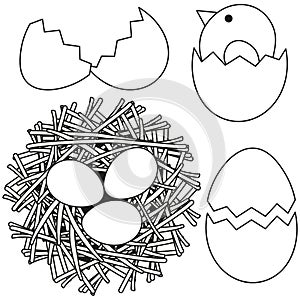 Line art black and white easter icon set chicken nest egg shell.