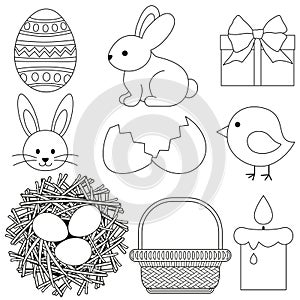 Line art black and white easter icon set 9 elements.