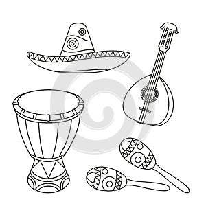 Line art black and white mexican music set.
