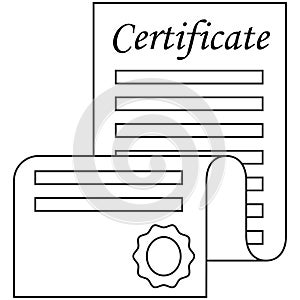 Line art black and white open certificate scroll.