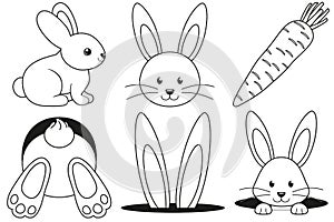 Line art black and white rabbit carrot icon set.