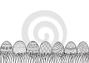 Line art, black and white seamless pattern Easter eggs grass for design element. Vector illustration