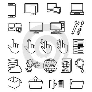 Line art black and white technology themed 22 icon collection