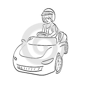 Line art boy with helmet playing car toy illustration vector hand drawn isolated on white background