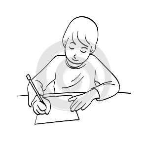 Line art boy writing on paper with pencil illustration vector hand drawn isolated on white background