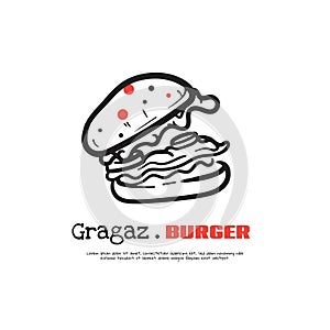 Line art of burger design with gaping concept in black and red design. the meaning of gragaz is eating too much