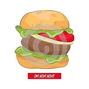 Line art burger with funny text. Hand drawn illustration with tasty hamburger menu art. Cafe poster decoration. American food