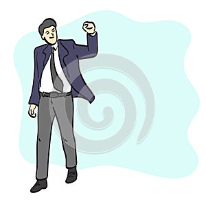 line art businessman in suit raising hand up to celebrate illustration vector hand drawn isolated on white background