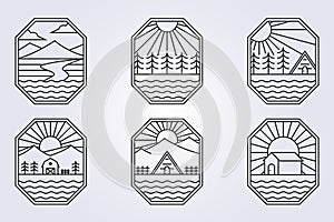 Line art cabin cottage barn forest logo mountain river ocean lake creek vector illustration design icon symbol line art badge