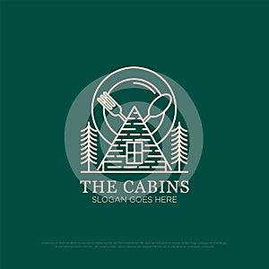 line art The cabin restaurant logo design,nature outdoor food and beverages vector illustration with outline photo