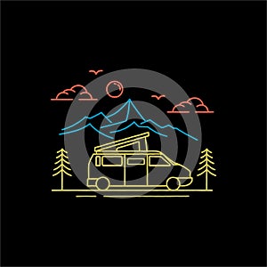 Line art Camper van logo, emblems and badges. camping tent and forest silhouette. Recreational vehicle illustration