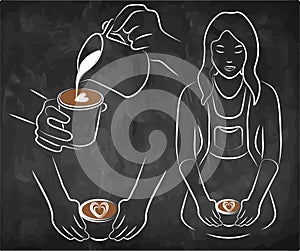Line art chalk drawing human making a coffee isolated on black background. Barista add milk to espresso