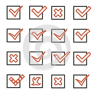 Line art Check Marks Symbols Tick and Cross Icons Set Mobile Apps Template Vector Illustration