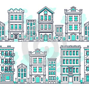 Line art city seamless landscapes. Outline housing, real estate market vector background