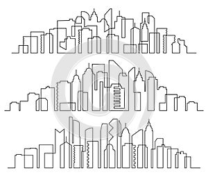 Line art cityscape. Town buildings horizontal panorama, city skyscrapers and modern urban silhouette vector set