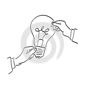 Line art closeup hands of two businessmen holding bulb illustration vector hand drawn isolated on white background