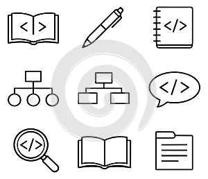 Line art coding icon set featuring programming books, charts, and tools for web development