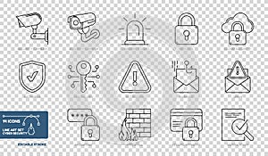 Line Art Collection Of Cyber Security Icons Set - Different Vector Illustrations Isolated On Transparent Background