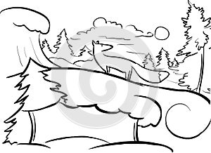 Line-art coloring paga Winter landscape with a fox and a frame photo