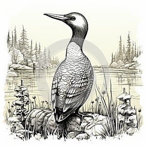 Line Art Of Common Loon Standing On Moss