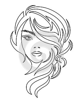 Line art, contour drawing of a beautiful woman with long hair. Beauty logo. Fashion and beauty concept.