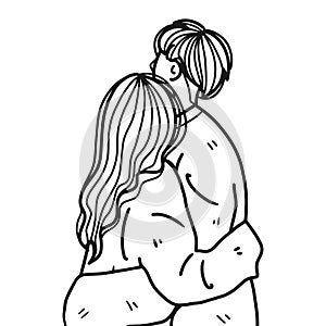 Line art of couple standing hugging isolated on white, romantic hug of couple