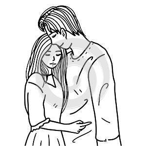 Line art of couple standing hugging isolated on white, romantic hug of couple