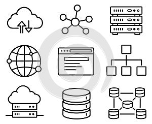 Line art data and networking icons set featuring cloud storage, server racks, databases, and network structures for