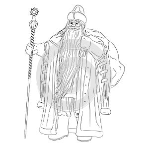 Line art of Ded Moroz with a bag behind his back and a staff.