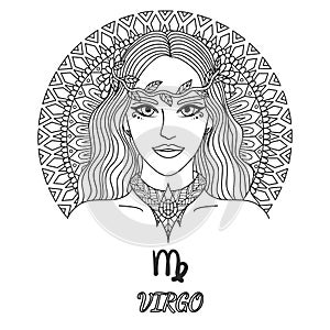 Line art design of beautiful girl,virgo zodiac sign for design element and coloring book page for adult