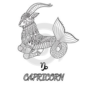 Line art design of Capricorn zodiac sign for design element and adult coloring book page. Vector illustration