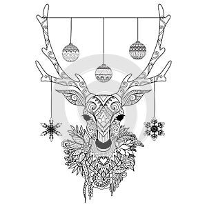 Line art design of Christmas deer head with decorative balls and snowflakes and flowers. Vector illustration photo