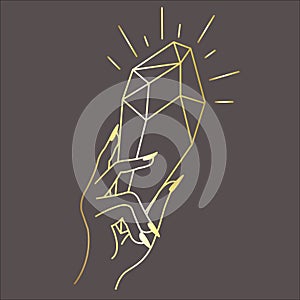 Line Art Design with Hand and Crystal on the dark Background.