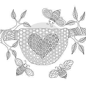 Line art design of honey bees flying around beehive