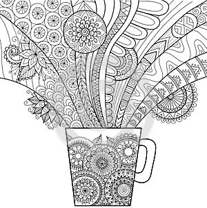 Line art design of a mug of hot drink for coloring book for adult and other decorations