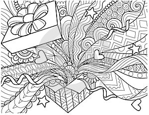 Line art design of openned gift box with confetti spread out of the box for design element and adult coloring book page. Vector il