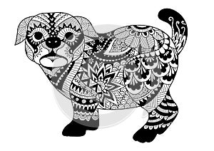 Line art design of pug dog for design element and adult coloring book page. Vector illustration