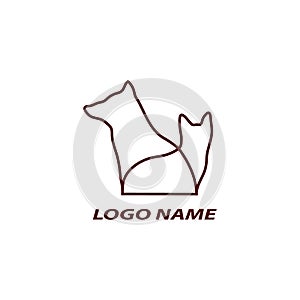 Line art dog and cat icon logo template vector illustration isolated on white. Pet shop outline design